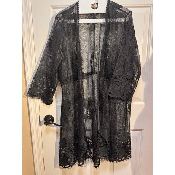me.n.u. Sweaters - EUC me&u black lace boho fringe ends open front cardigan sheer cover up Size 1X